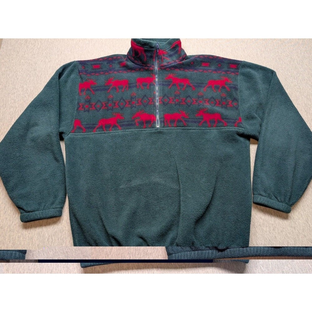Vintage City Scape Canada Green Fleece Moose print 1/3 zip sweatshirt Sx XL